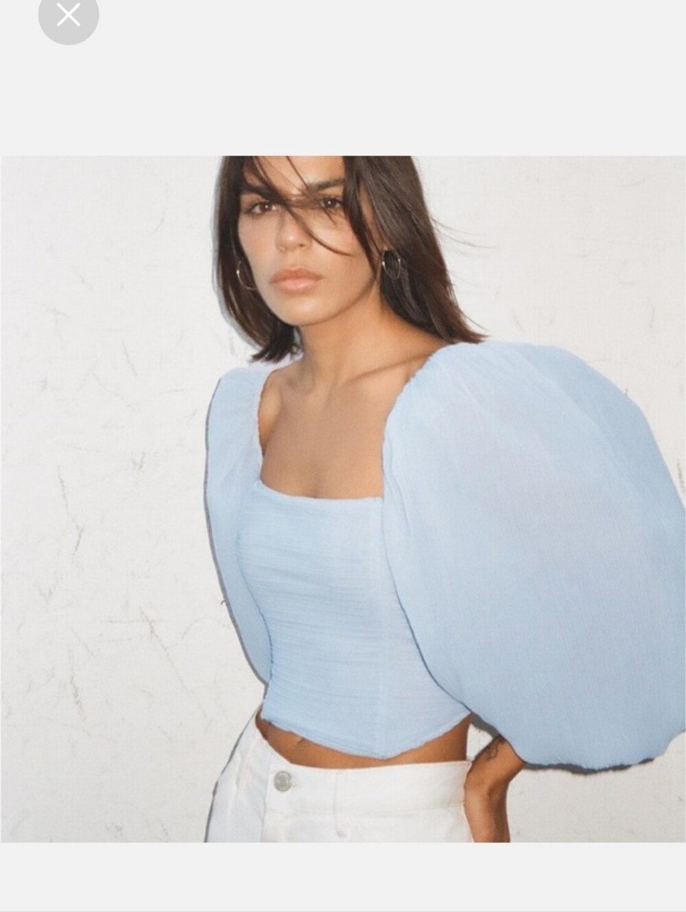 Zara Light Blue Pleated Puff-Sleeve Crop Top Beautiful - Picture 4 of 8